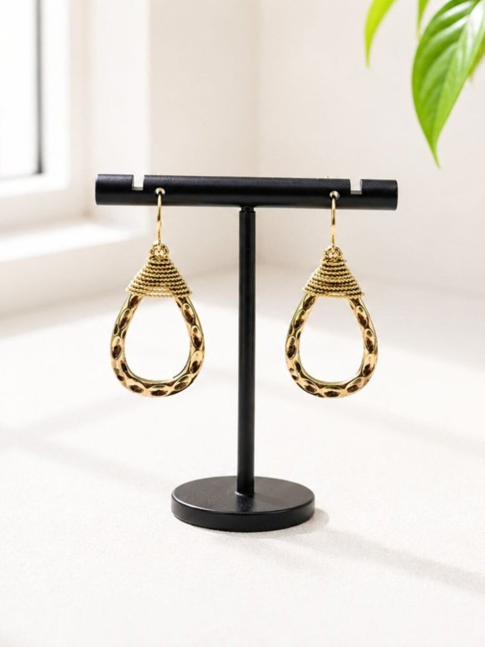 Teardrop Gold-Tone Earrings With Textured Detail & Woven Accents Vintage-Inspire